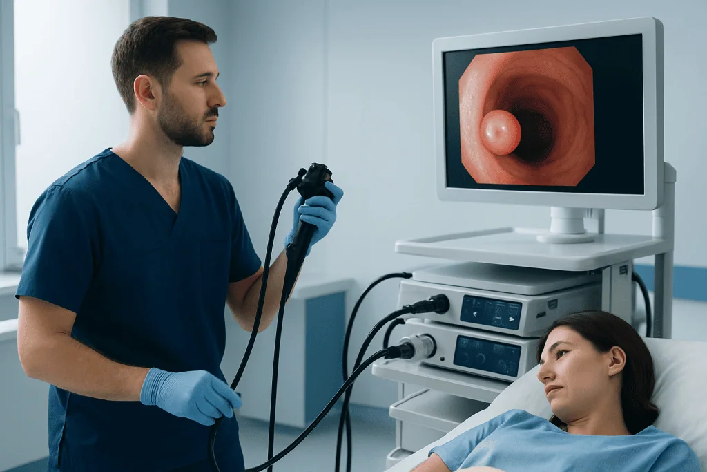 Endoscopic examination of a large intestinal polyp in a patient.