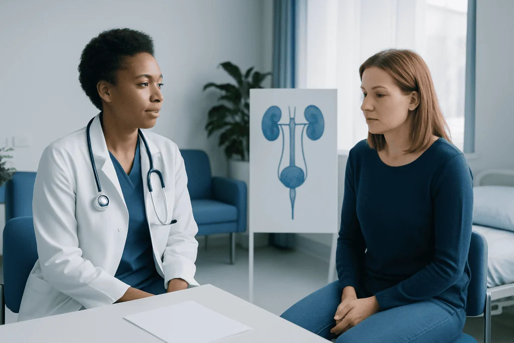 Urologist consulting with patient about urinary health at Acibadem Hospital.