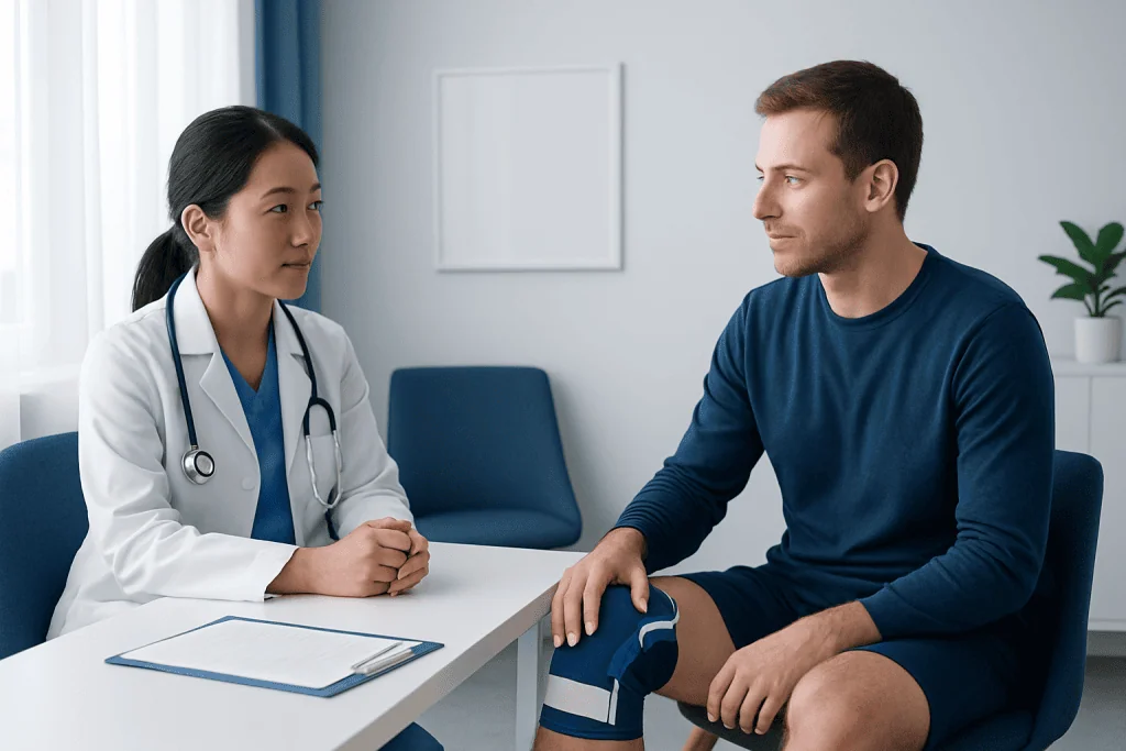 Doctor consulting patient with knee injury in a medical office.