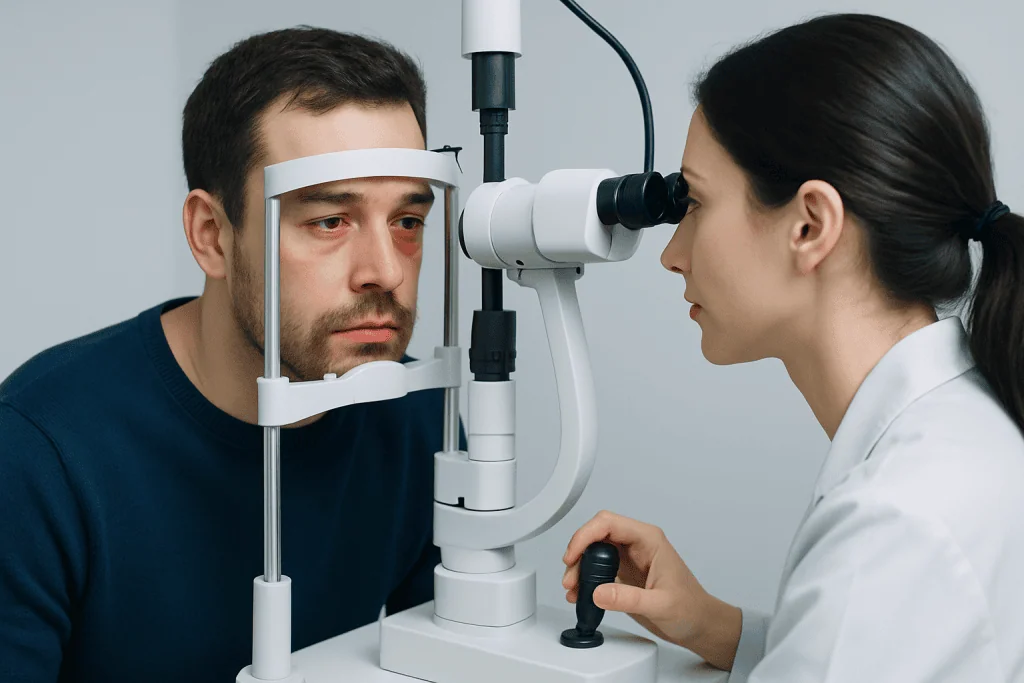 Optometrist examining patient's eye with slit lamp in clinic.
