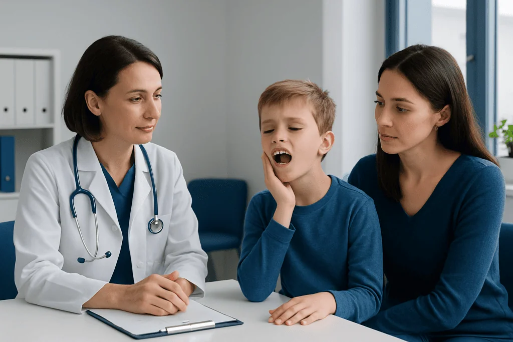 Pediatric dental consultation with a doctor and mother at clinic.