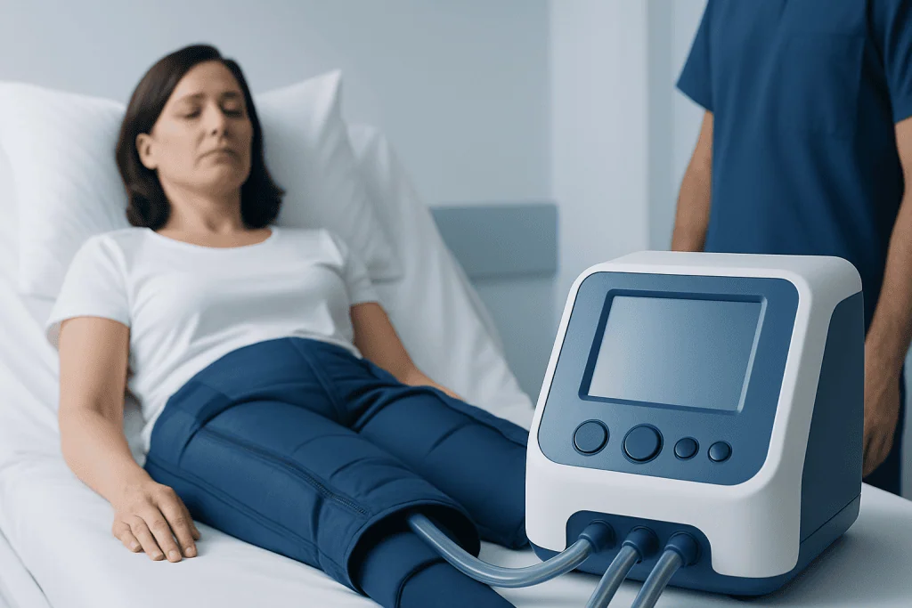 Medical compression therapy device applied to patient's legs in hospital setting.