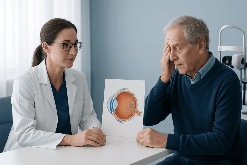 Ophthalmologist explains vitreous detachment to elderly patient.