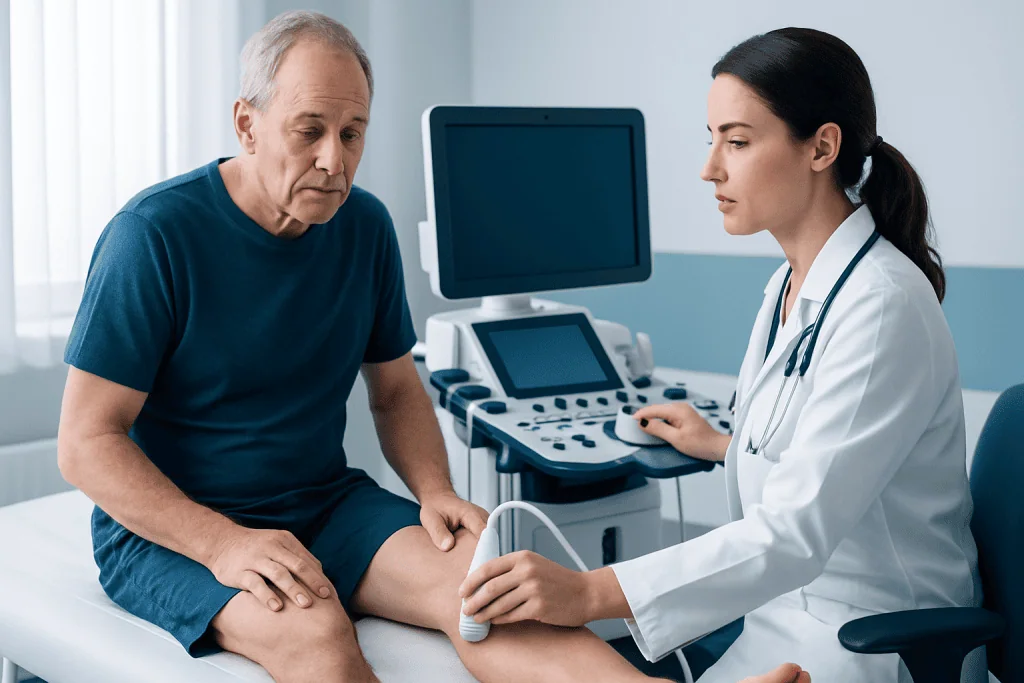 Doctor performing ultrasound examination on elderly male patient in clinic.