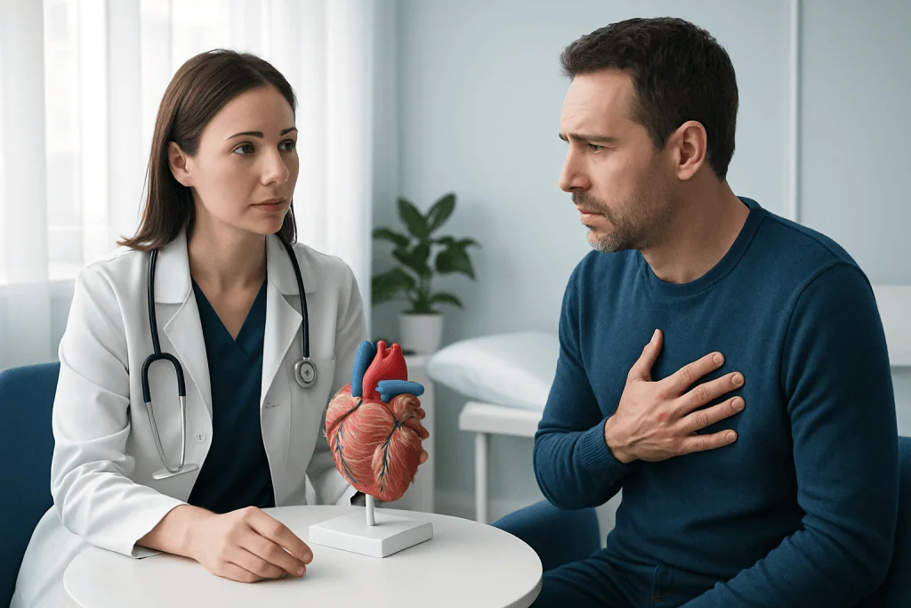 Doctor explaining mitral valve repair to patient with heart model.