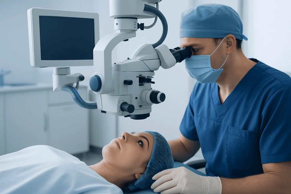 Ophthalmologist performing eye examination with a microscope at Acibadem Hospital.