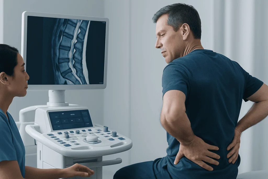 Doctor reviewing spinal MRI for lower back pain diagnosis at Acibadem Hospital.