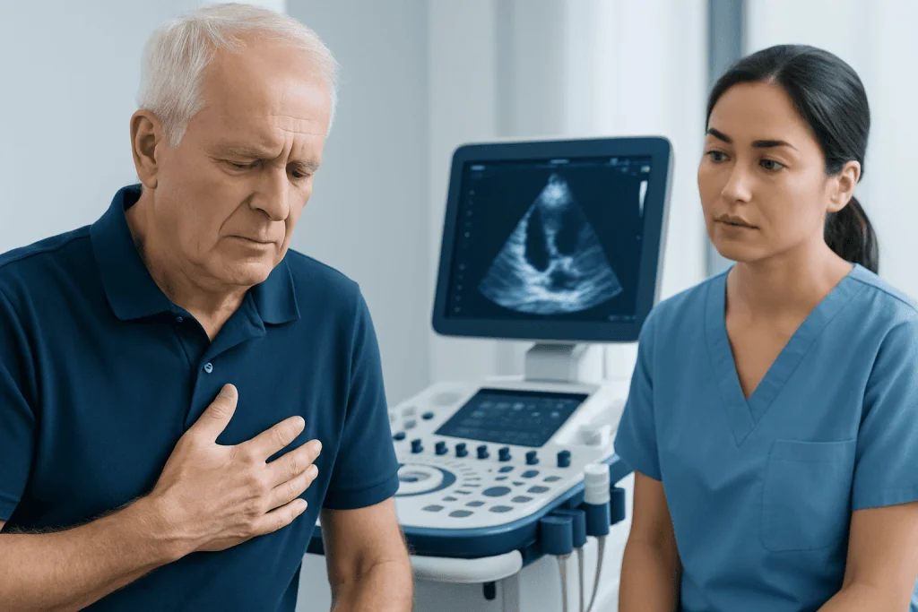 Elderly man experiencing chest pain during medical consultation at Acibadem Hospital.