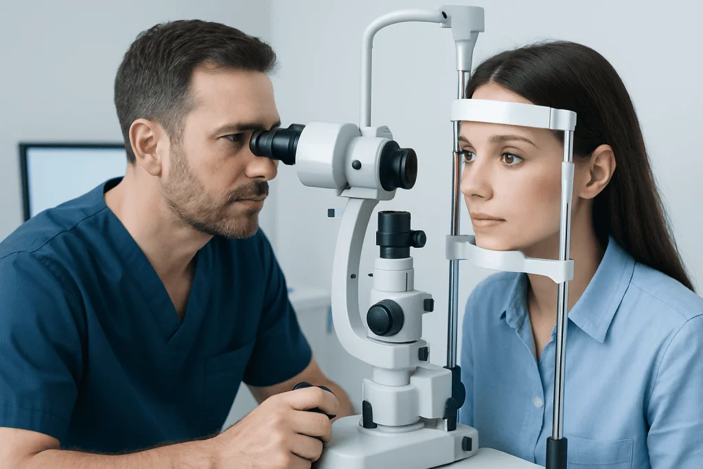 Optometrist examining patient's eye with slit lamp in clinic.