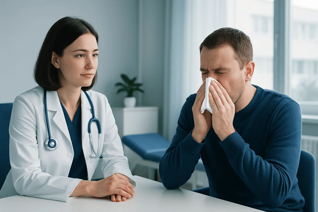 Doctor consulting with patient about sneezing reflex in clinic.