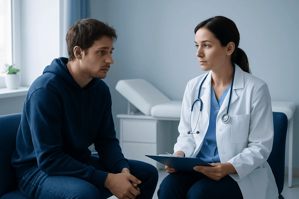 Doctor consulting with a young male patient in a medical office.