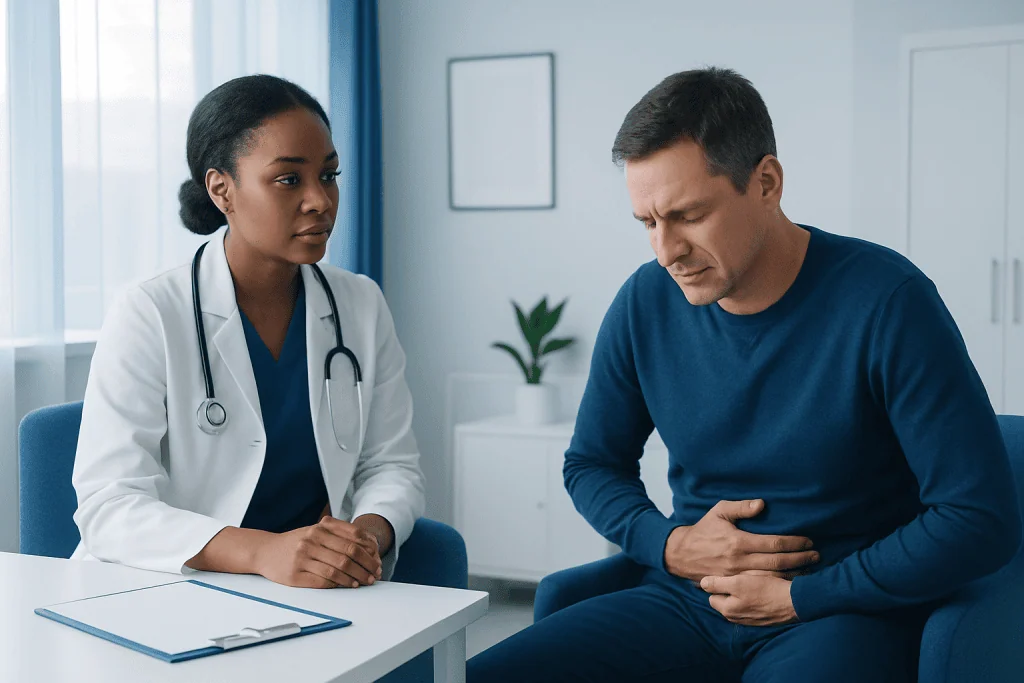 Doctor consulting a patient with stomach pain in a medical office.