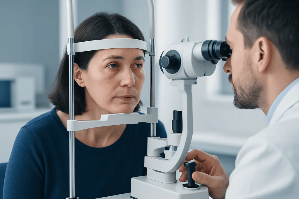 Ophthalmologist examining patient's eye with slit lamp in clinic.