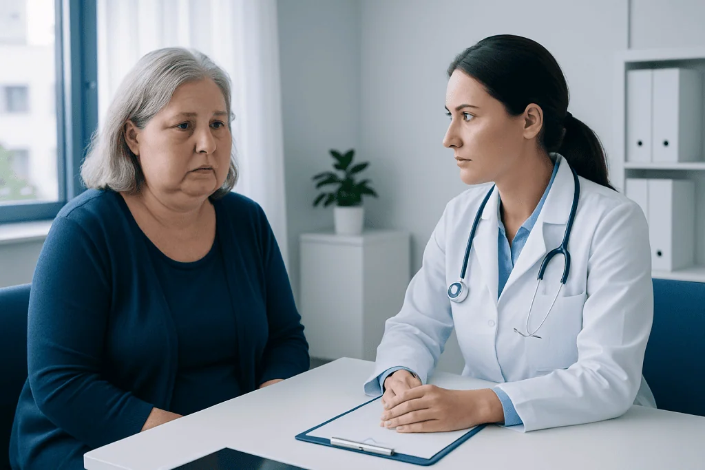 Doctor consulting with an elderly female patient in a medical office.