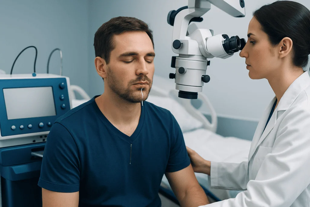 Doctor examining patient with a microscope in a medical clinic setting.