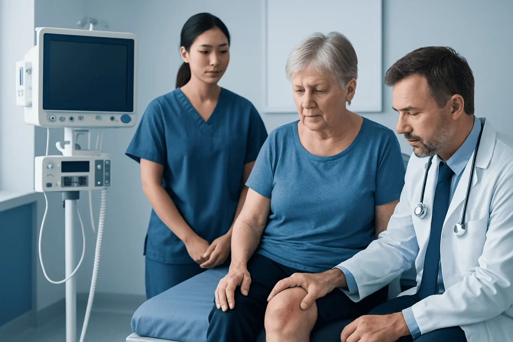 Doctor examining elderly patient's knee in hospital setting.