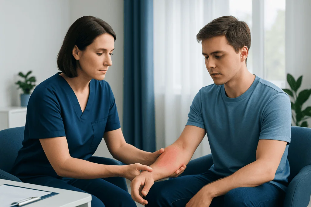 Doctor examining patient's arm for cellulitis symptoms.