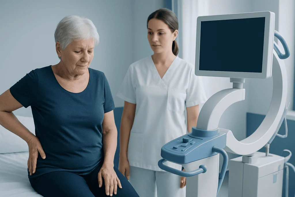Elderly woman receiving medical examination from healthcare professional.