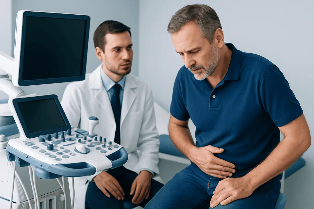 Doctor performing ultrasound examination on male patient in clinic.
