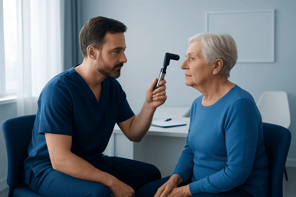 Ophthalmologist examining elderly woman's eye with a tonometer.