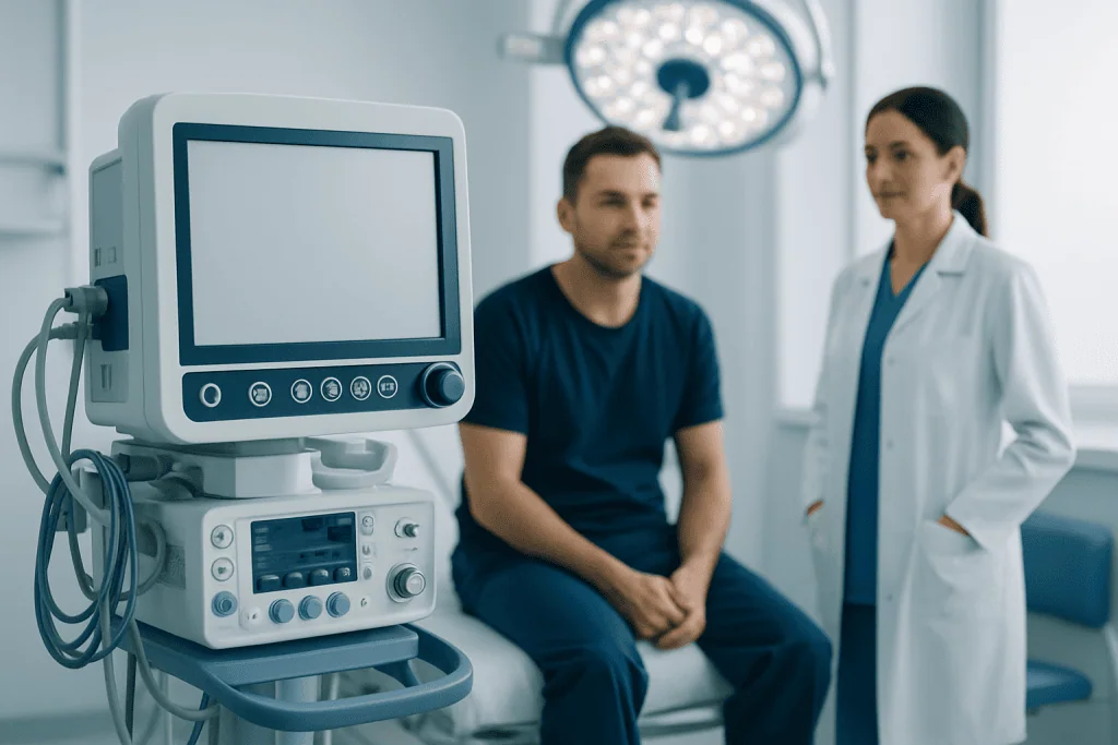 Patient in a hospital consultation room with medical equipment and doctor.