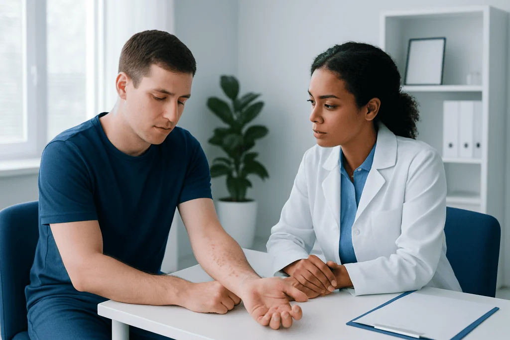 Doctor examining a patient's arm with a rash in a clinical setting.