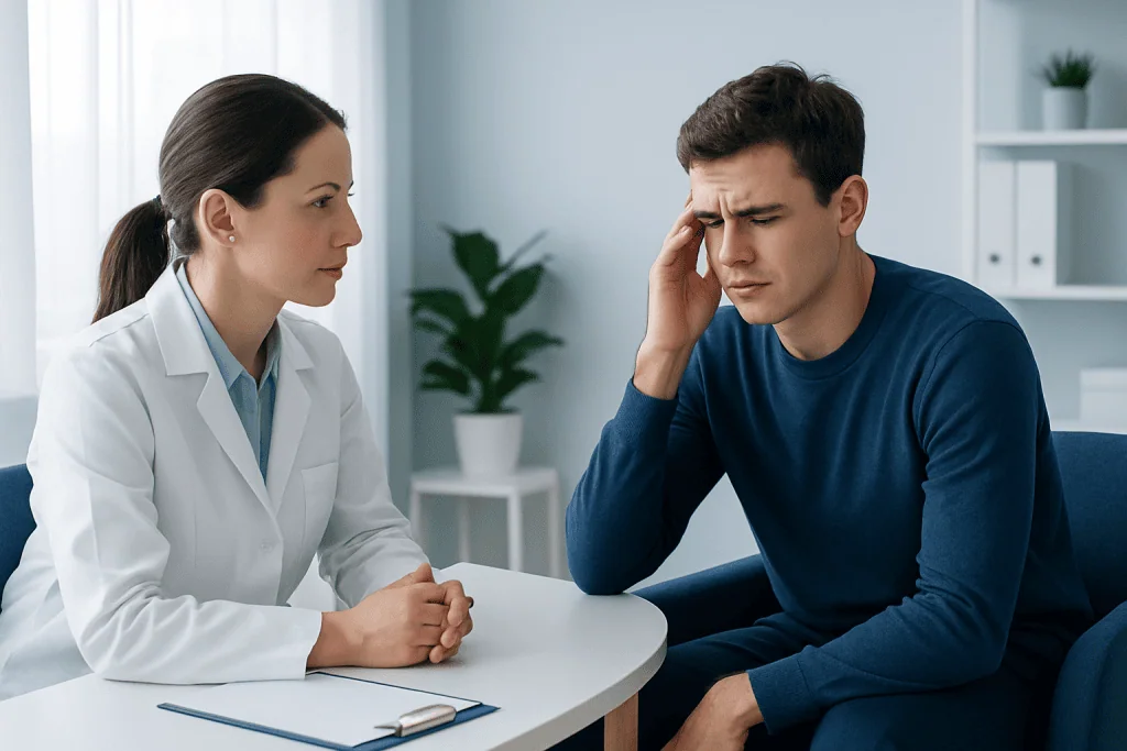 Young man consulting with a doctor about anxiety symptoms in a clinical setting.