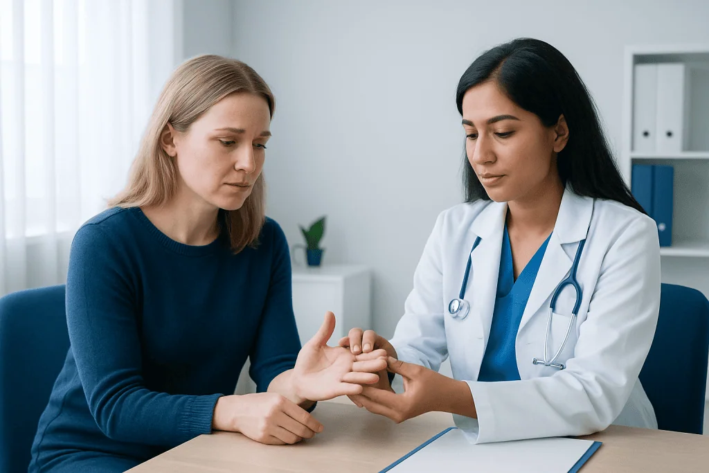 Doctor examining a patient's hand in a medical consultation.