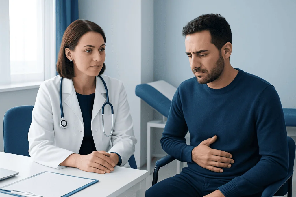 Doctor consulting a patient about symptoms in a medical office.