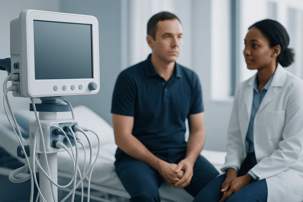 Doctor consulting male patient in hospital room with medical monitor.