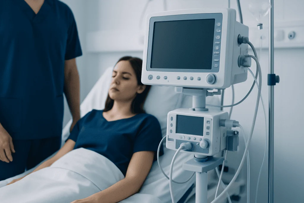 Hospital patient connected to medical monitoring equipment in a clinical setting.