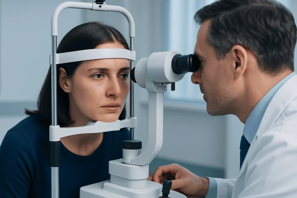 Ophthalmologist examining patient's eye with slit lamp in clinic.
