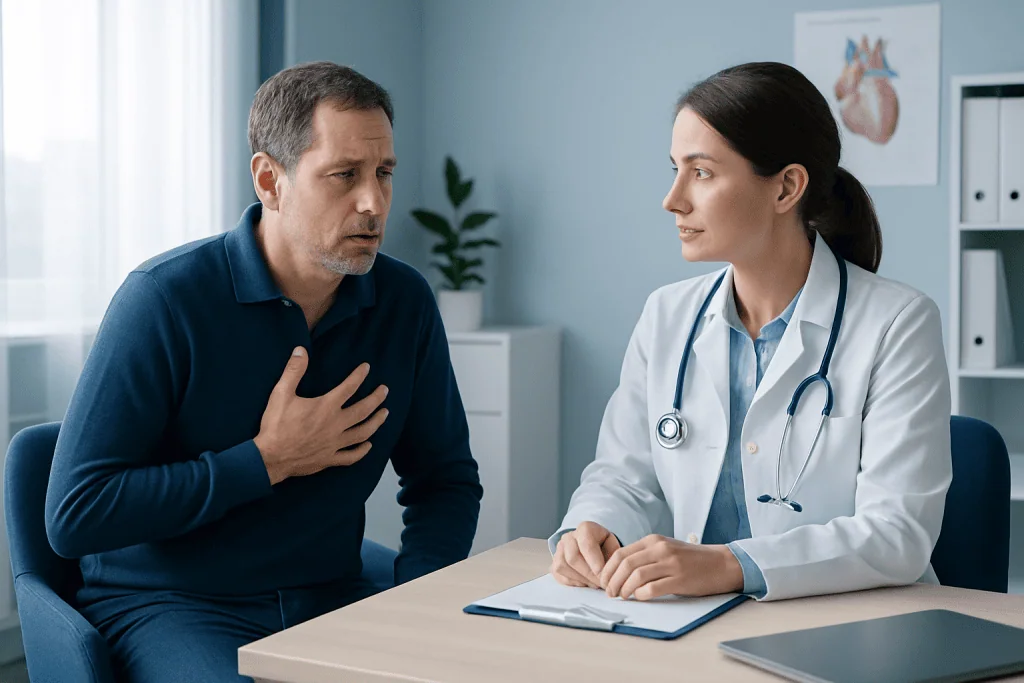 Patient consulting with a doctor about heart health concerns.