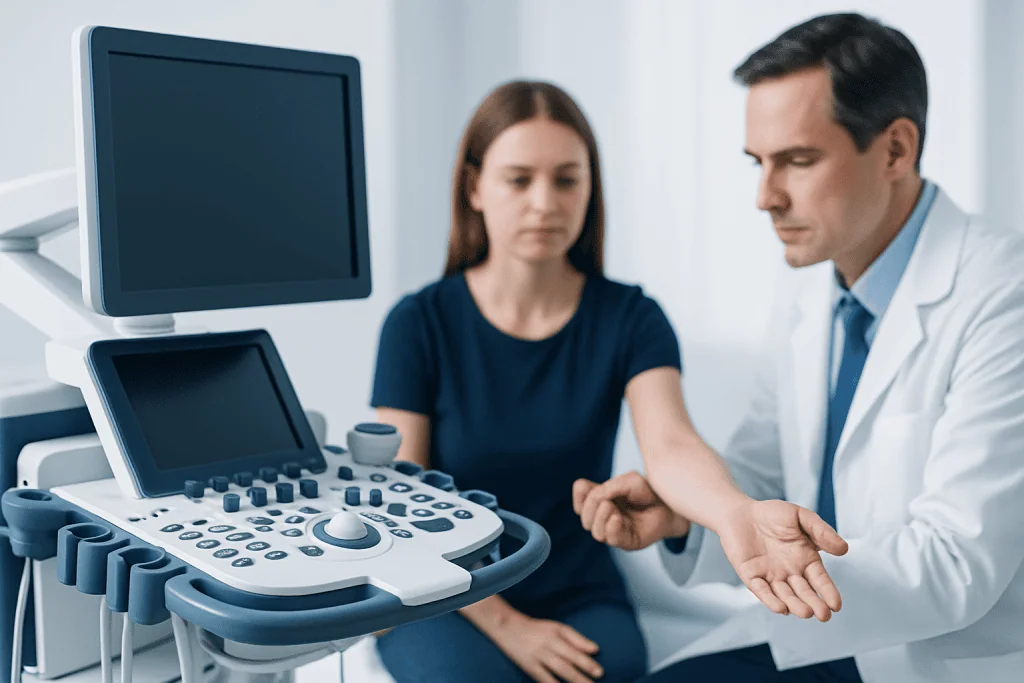 Doctor performing an ultrasound examination on a patient in a clinical setting.