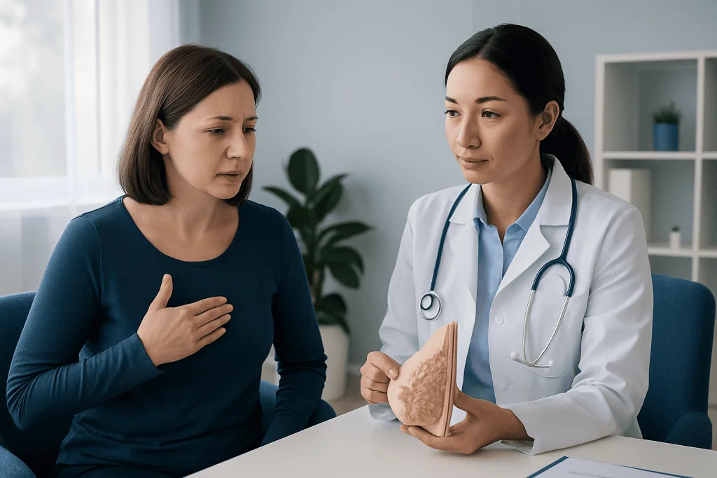 Doctor explaining breast cancer to patient with breast model in clinic.