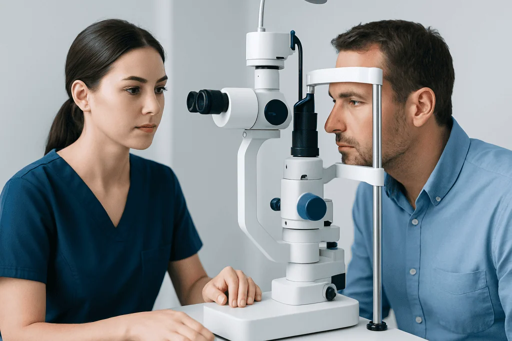 Optometrist examining patient's eyes with slit lamp in clinic.