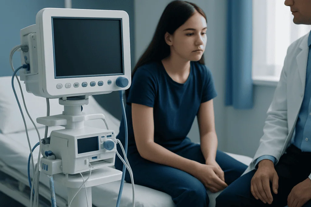Treatment for Ptsd in Teens: How It Works, Results and What to Expect 1 Teen girl in a medical consultation room with a doctor and medical equipment.