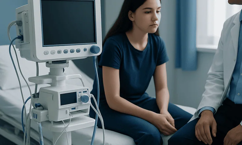 Teen girl in a medical consultation room with a doctor and medical equipment.