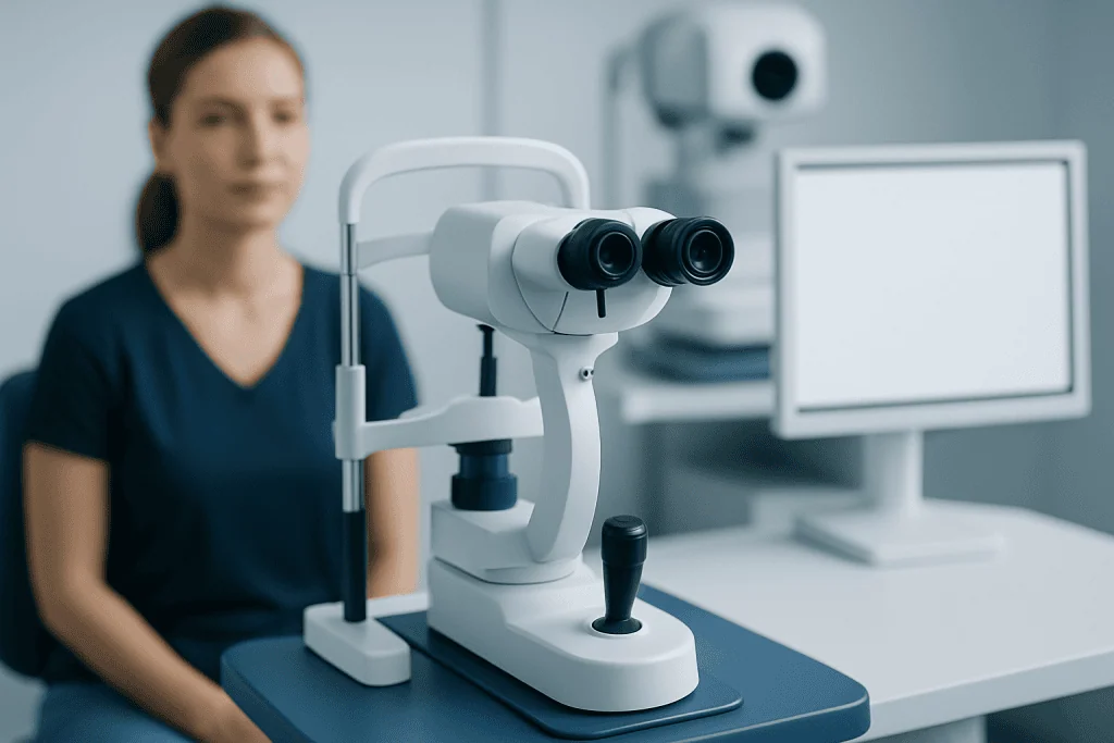 Medical professional using a microscope in a modern clinical setting.