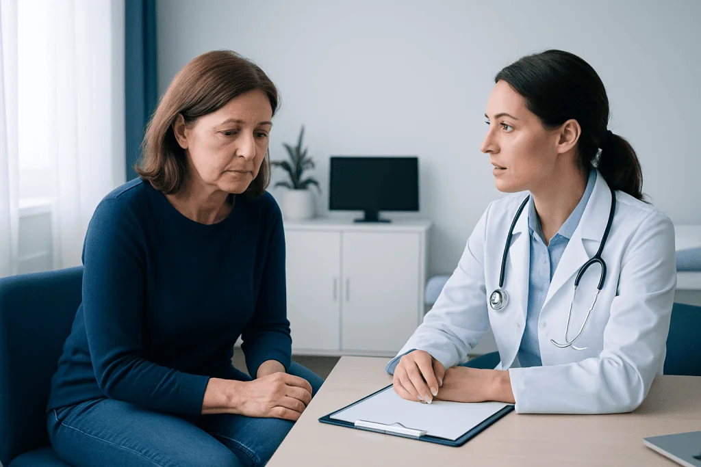 Doctor consulting with a middle-aged woman in a medical office.