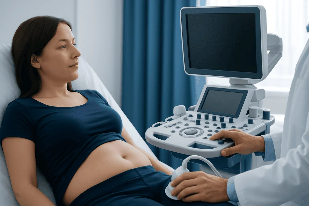 Pregnant woman undergoing an ultrasound examination in a hospital setting.