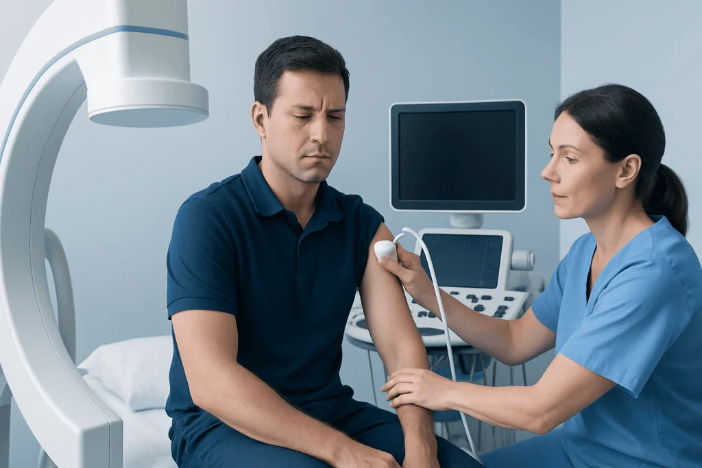 Doctor performing shoulder ultrasound examination on male patient in hospital.