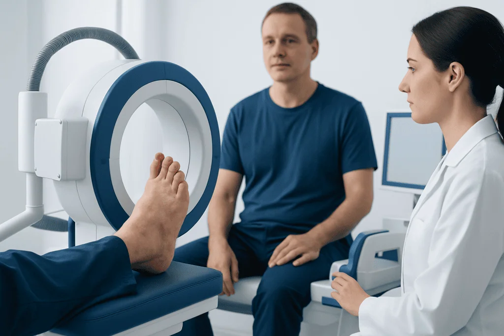 Patient undergoing MRI scan at Acibadem Hospital for foot assessment.