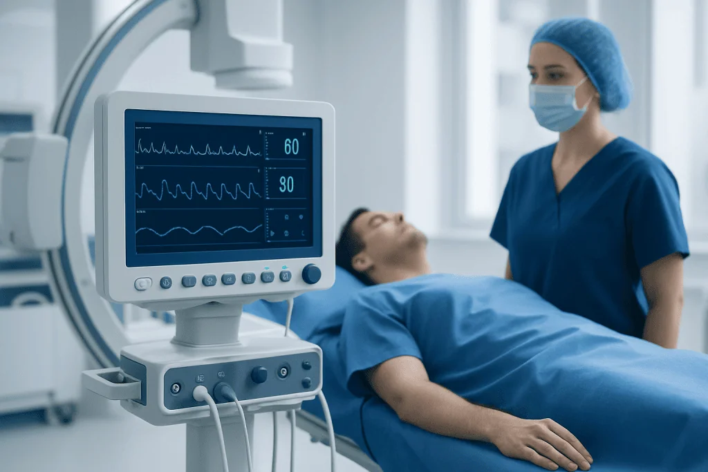 Medical professional monitoring patient during neurological examination at Acibadem Hospital.