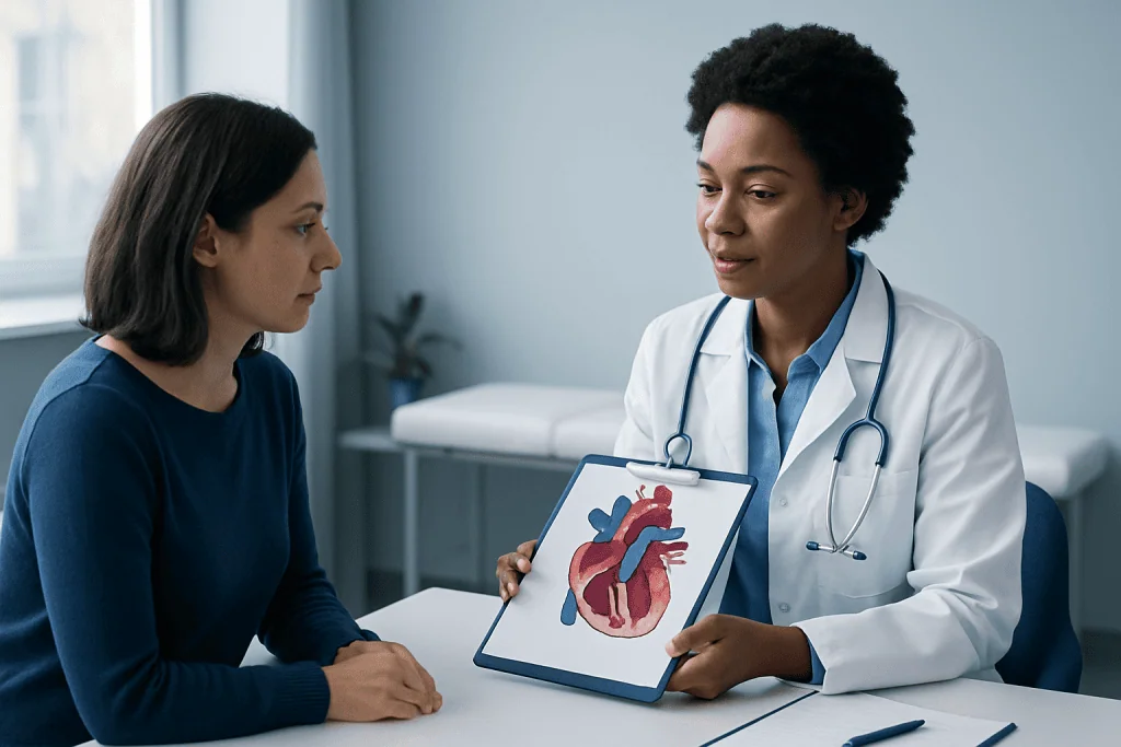 Doctor explaining heart diagram to patient in a medical consultation.