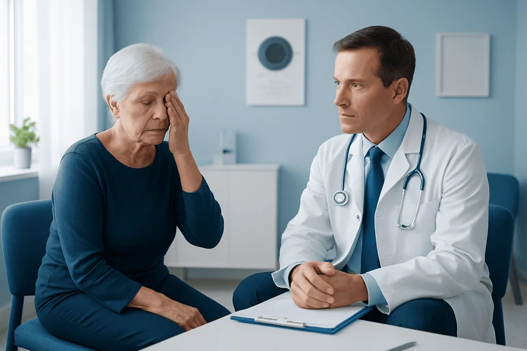 Doctor consulting with elderly woman in a medical office.
