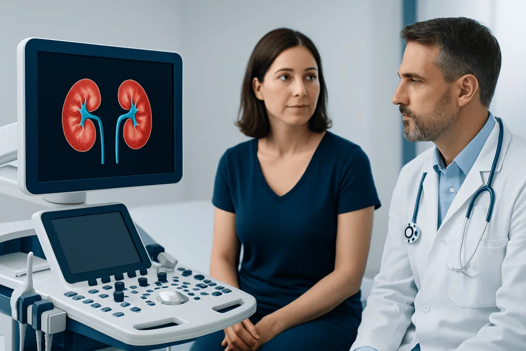 Doctor and patient discussing kidney ultrasound results in a medical office.