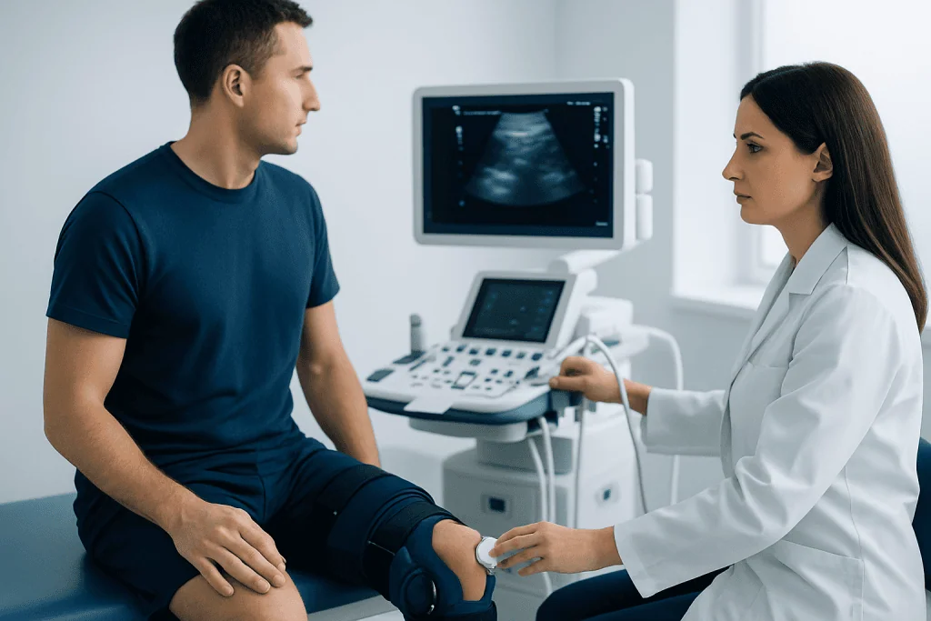 Doctor examining patient's knee with ultrasound at Acibadem Hospital.
