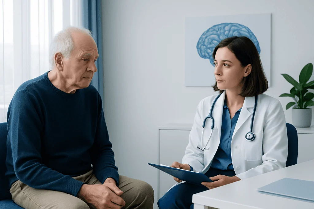 Neurologist consulting with elderly patient in a medical office.