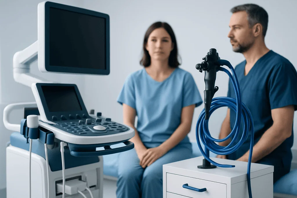 Medical professionals with ultrasound equipment in a clinical setting.